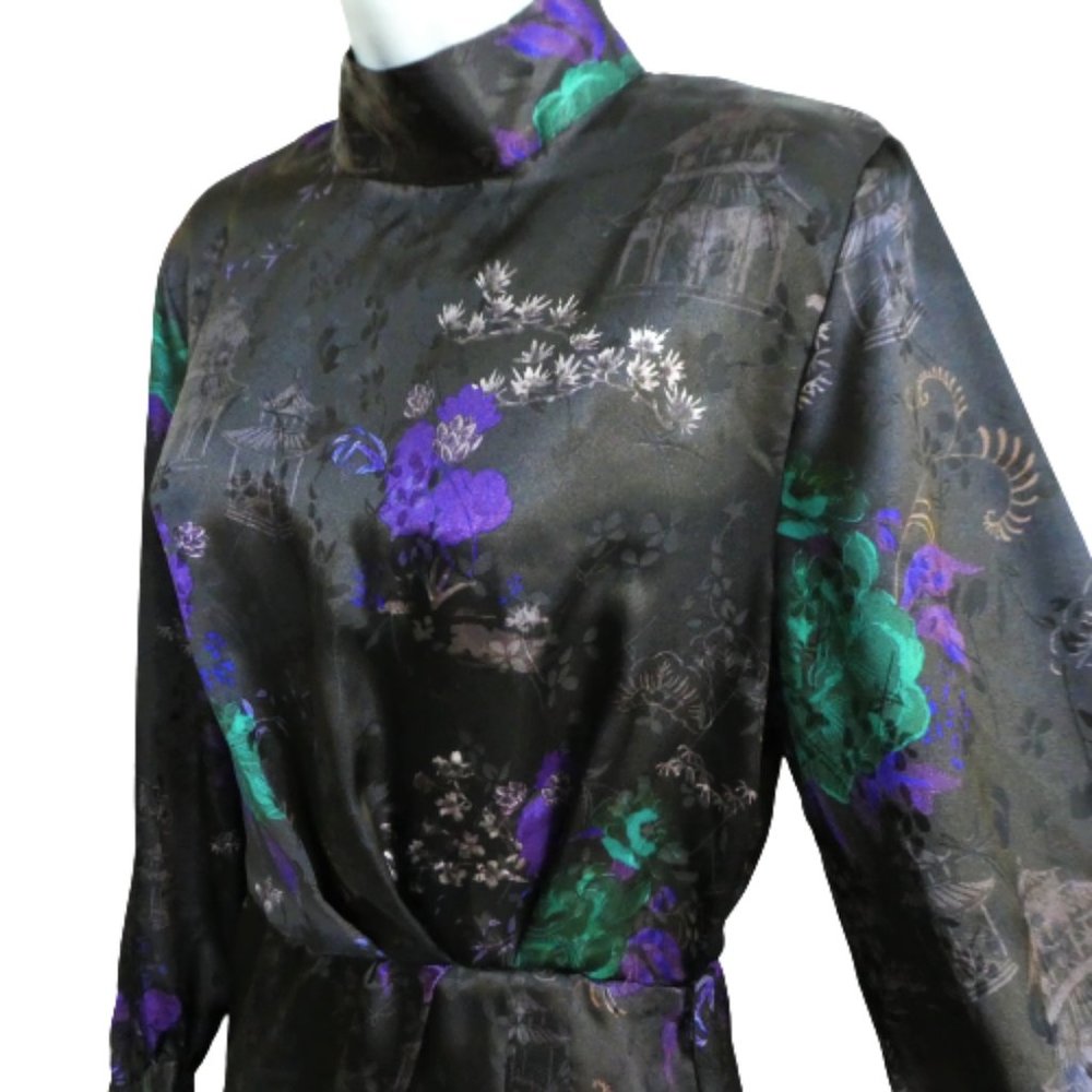Zara Asian Flower Pagoda Dress Mock Neck Button Back Balloon Sleeve Faux Wrap S